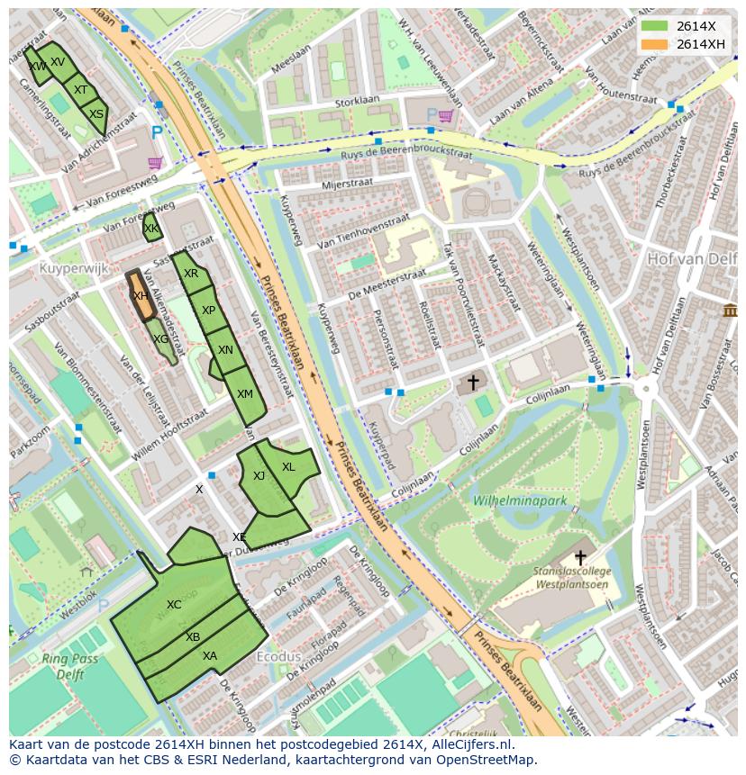 Afbeelding van het postcodegebied 2614 XH op de kaart.