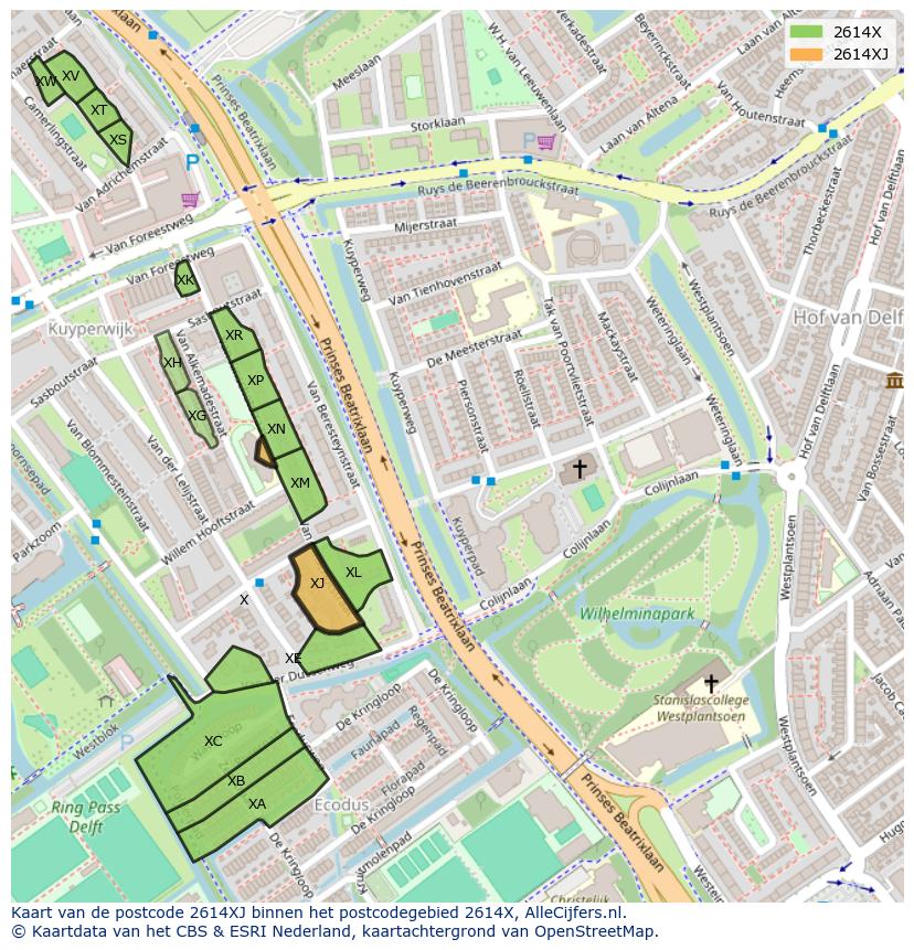 Afbeelding van het postcodegebied 2614 XJ op de kaart.