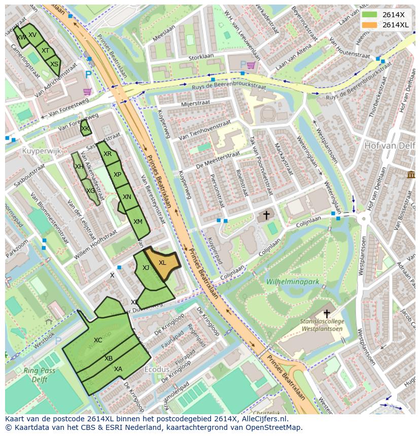 Afbeelding van het postcodegebied 2614 XL op de kaart.