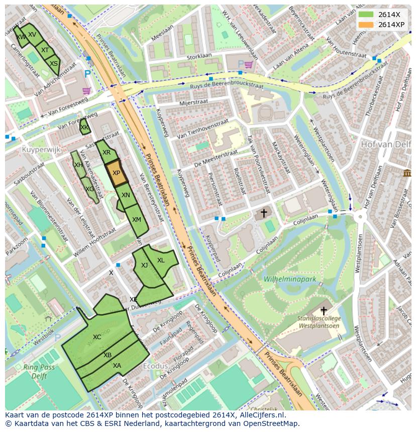 Afbeelding van het postcodegebied 2614 XP op de kaart.