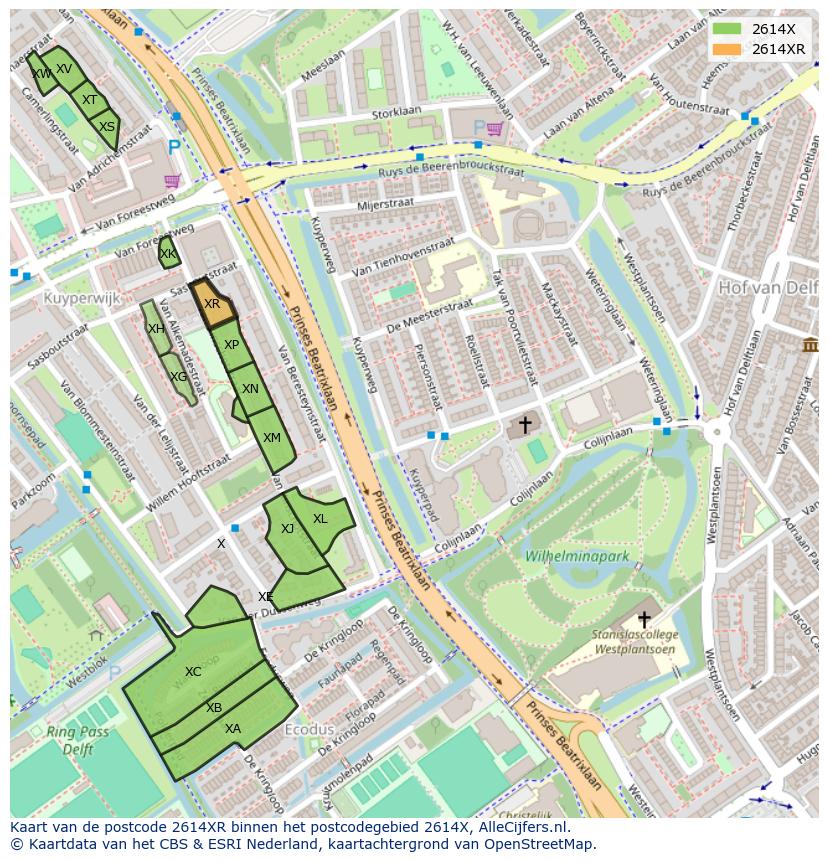 Afbeelding van het postcodegebied 2614 XR op de kaart.