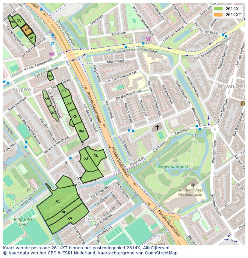 Afbeelding van het postcodegebied 2614 XT op de kaart.