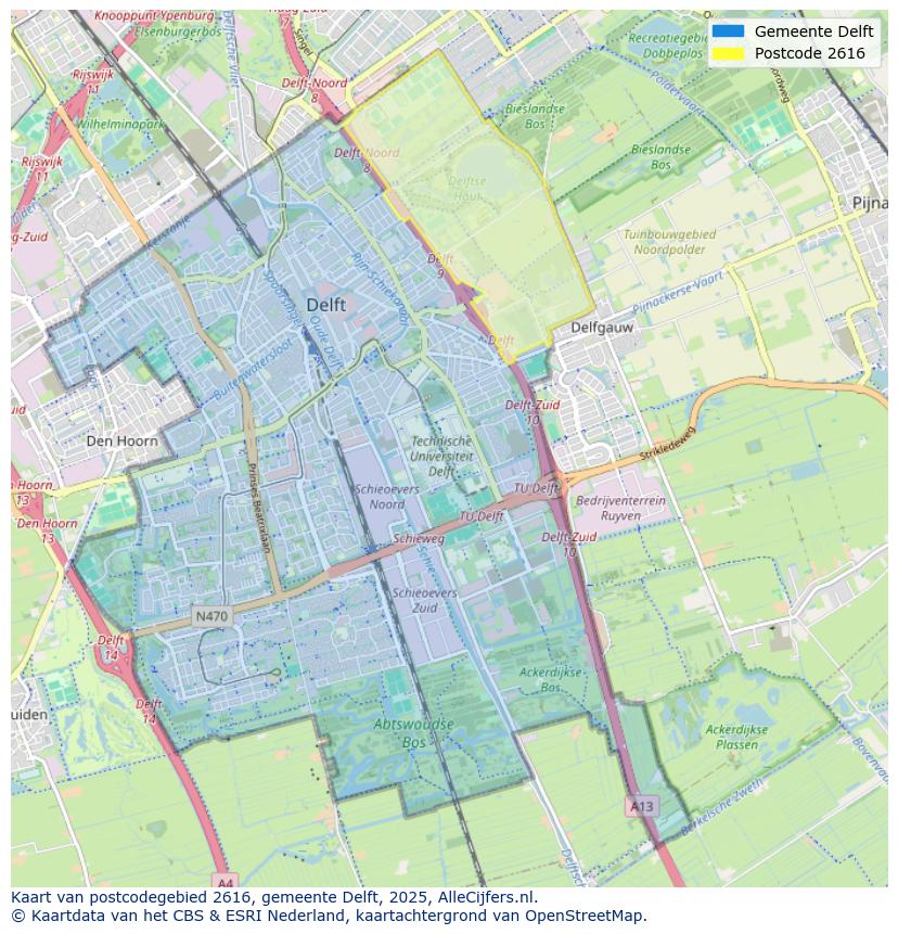 Afbeelding van het postcodegebied 2616 op de kaart.
