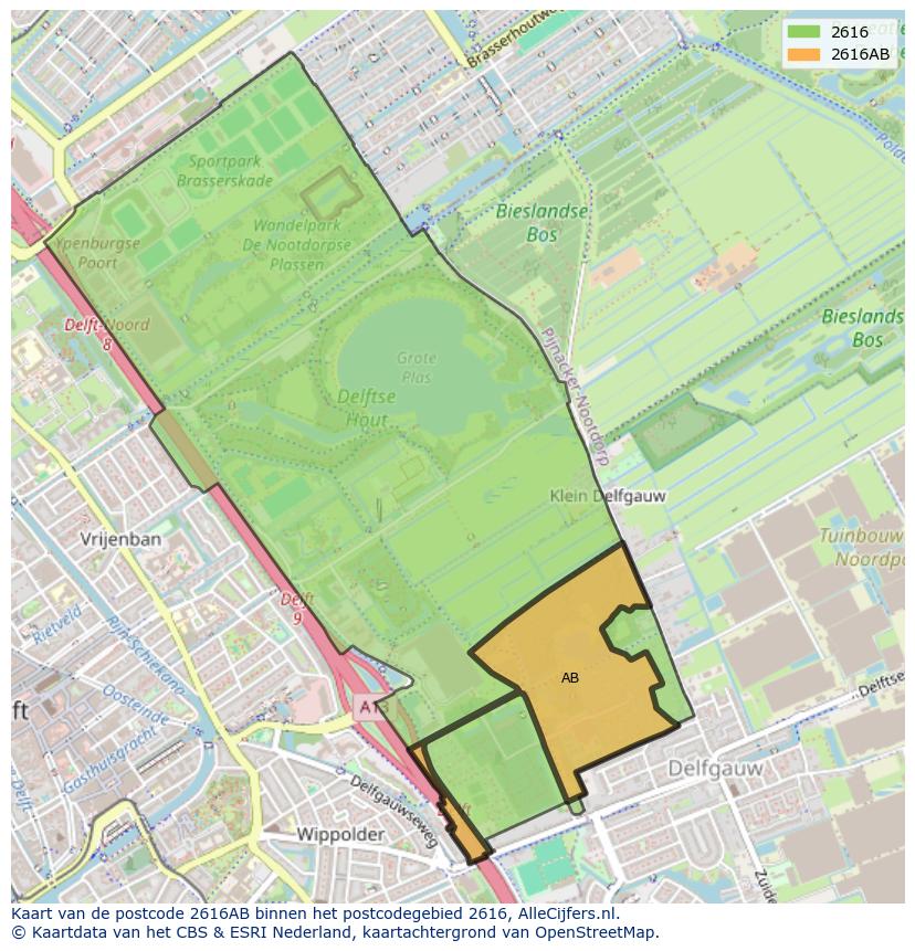 Afbeelding van het postcodegebied 2616 AB op de kaart.