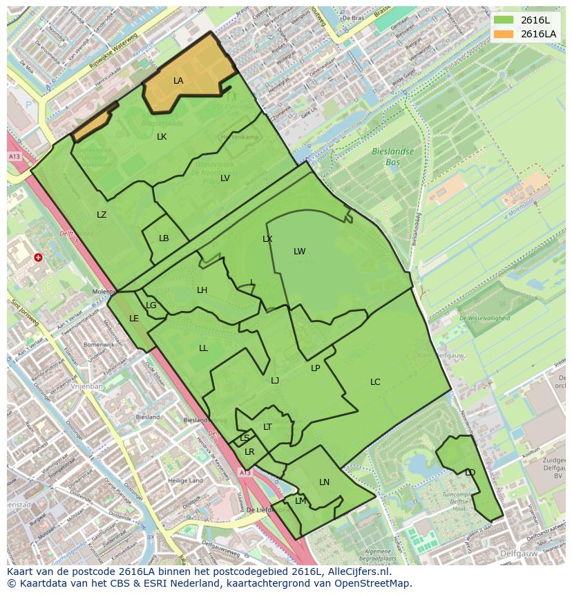Afbeelding van het postcodegebied 2616 LA op de kaart.
