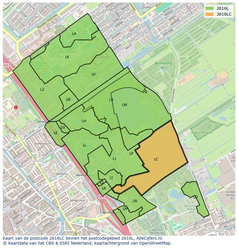 Afbeelding van het postcodegebied 2616 LC op de kaart.