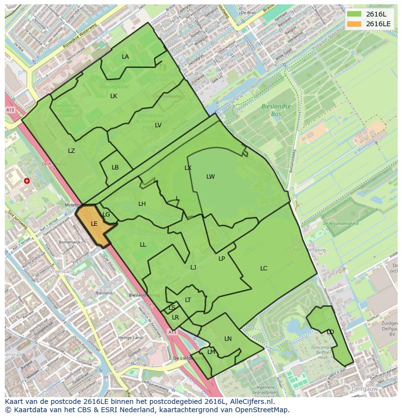 Afbeelding van het postcodegebied 2616 LE op de kaart.