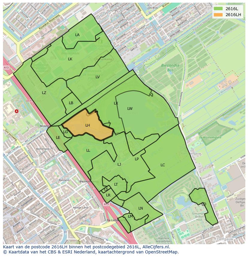 Afbeelding van het postcodegebied 2616 LH op de kaart.