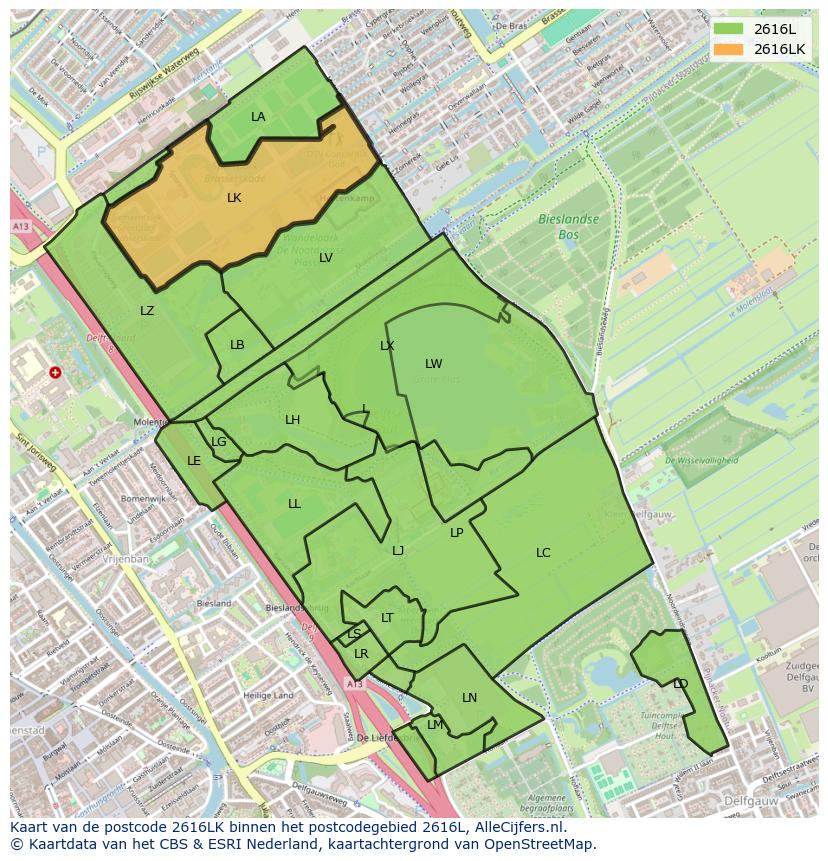 Afbeelding van het postcodegebied 2616 LK op de kaart.