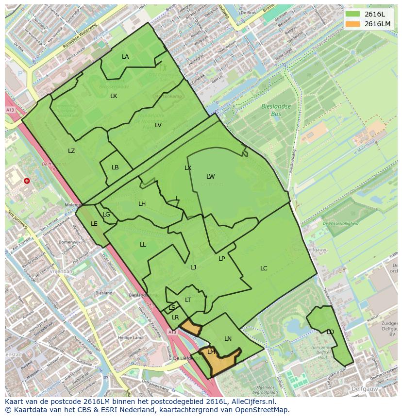 Afbeelding van het postcodegebied 2616 LM op de kaart.