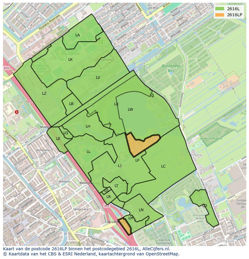 Afbeelding van het postcodegebied 2616 LP op de kaart.