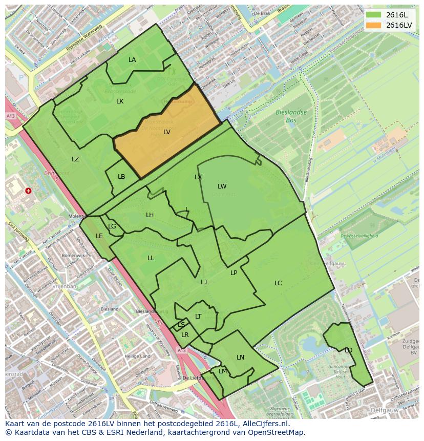 Afbeelding van het postcodegebied 2616 LV op de kaart.
