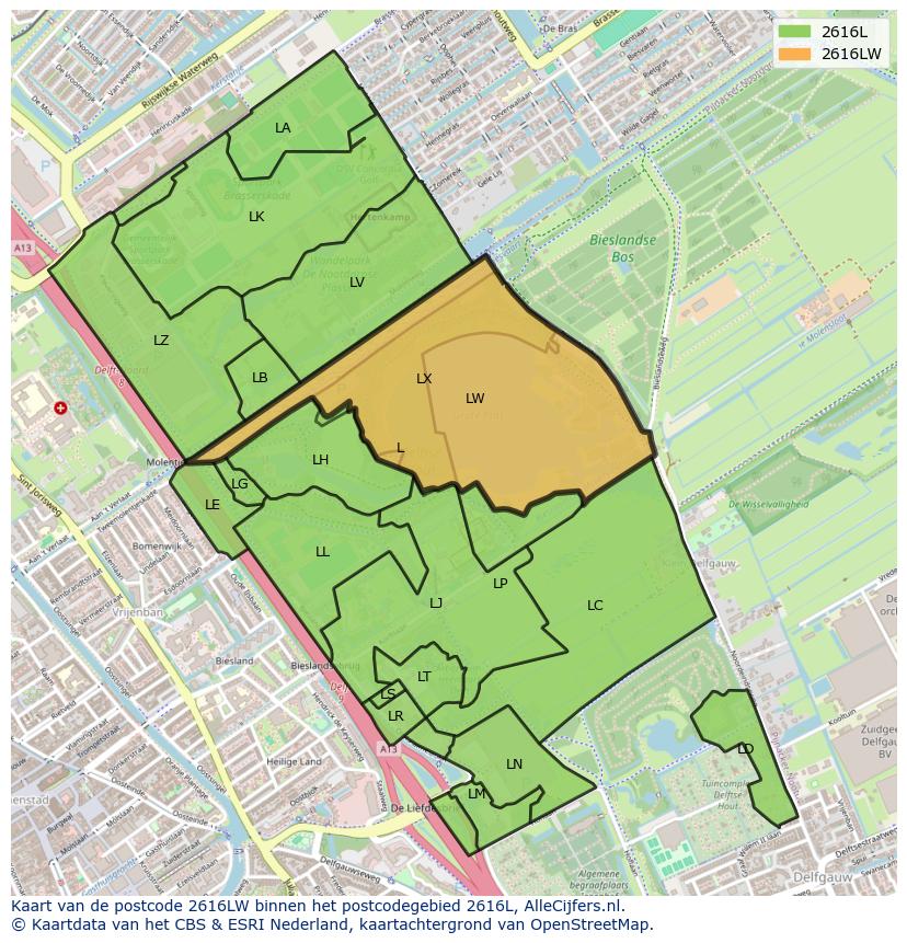 Afbeelding van het postcodegebied 2616 LW op de kaart.