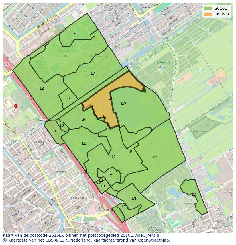Afbeelding van het postcodegebied 2616 LX op de kaart.