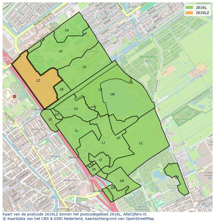 Afbeelding van het postcodegebied 2616 LZ op de kaart.