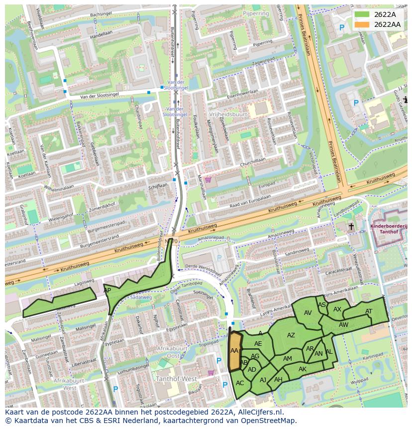 Afbeelding van het postcodegebied 2622 AA op de kaart.