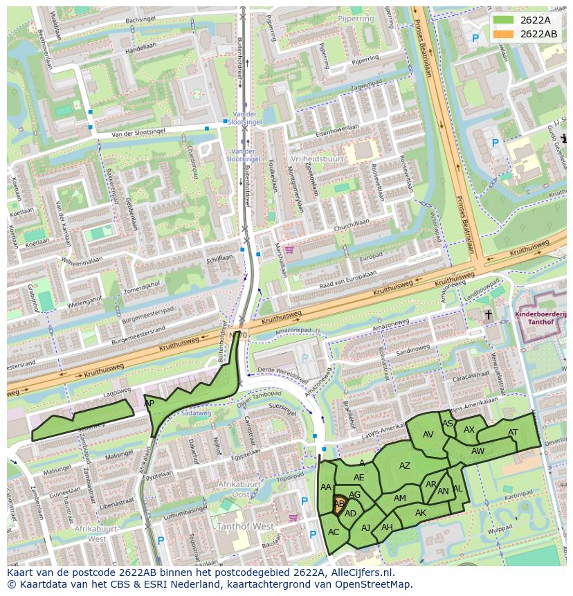 Afbeelding van het postcodegebied 2622 AB op de kaart.