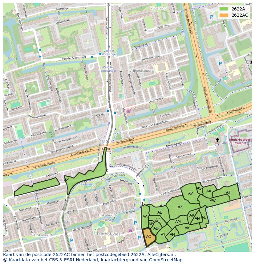 Afbeelding van het postcodegebied 2622 AC op de kaart.
