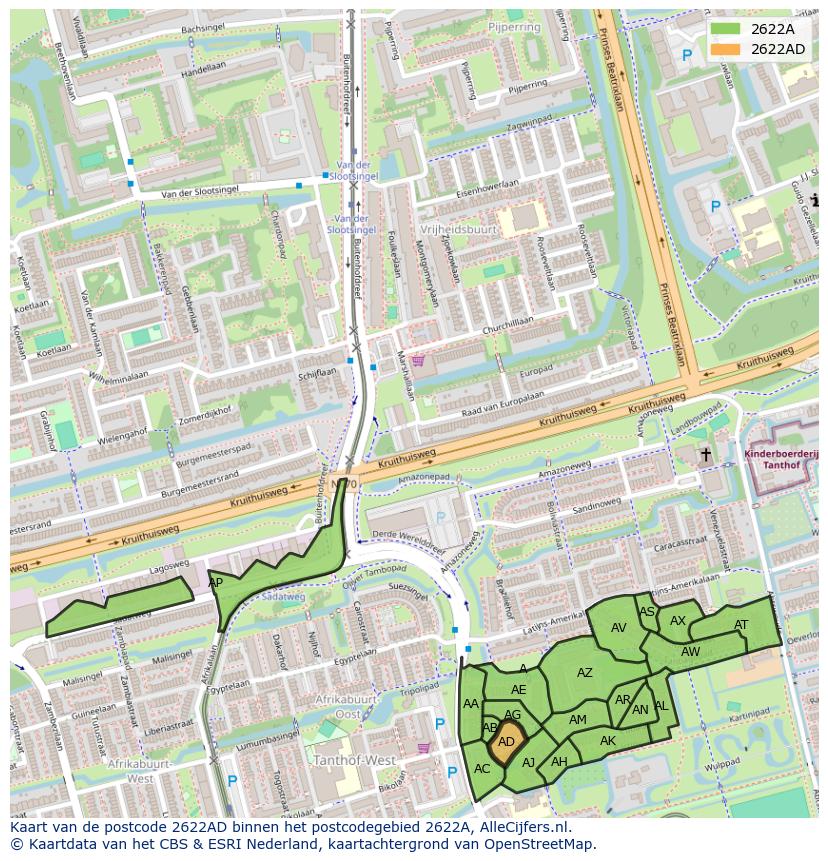 Afbeelding van het postcodegebied 2622 AD op de kaart.