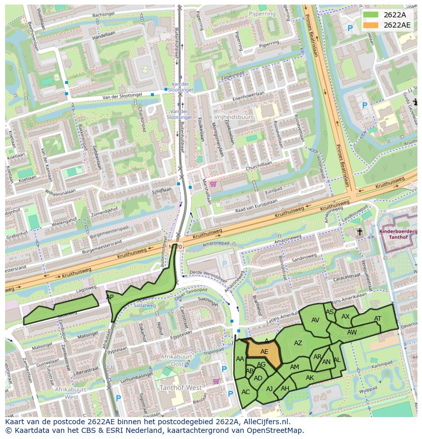 Afbeelding van het postcodegebied 2622 AE op de kaart.