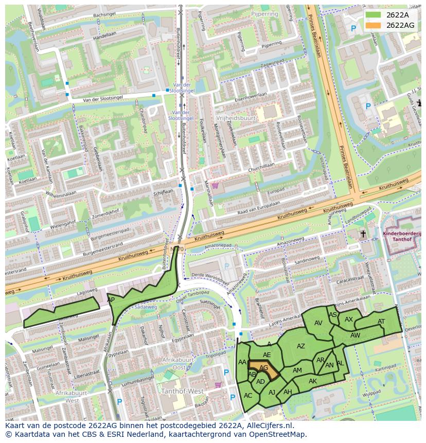 Afbeelding van het postcodegebied 2622 AG op de kaart.