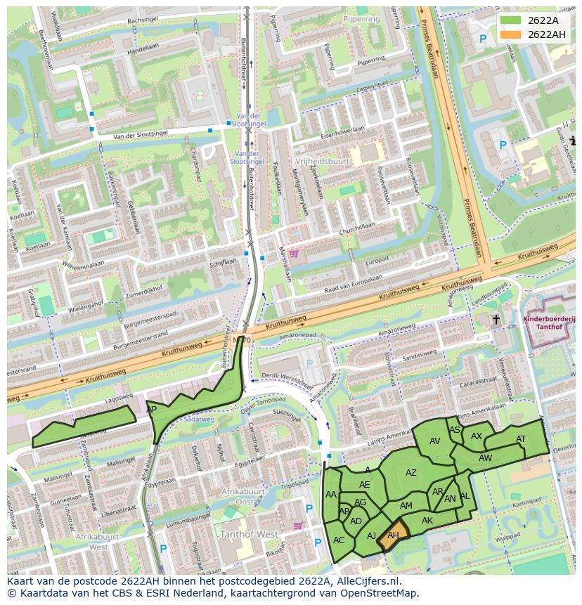 Afbeelding van het postcodegebied 2622 AH op de kaart.