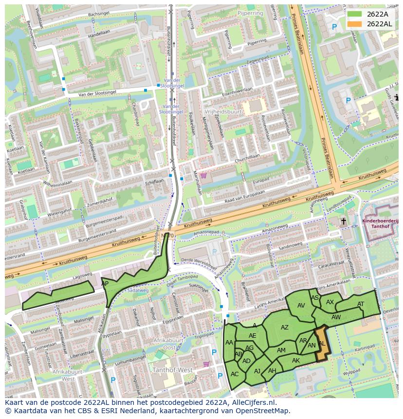 Afbeelding van het postcodegebied 2622 AL op de kaart.