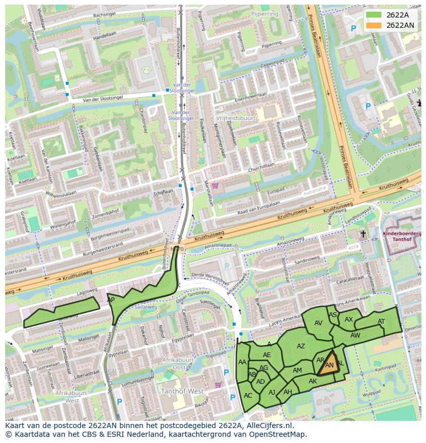 Afbeelding van het postcodegebied 2622 AN op de kaart.