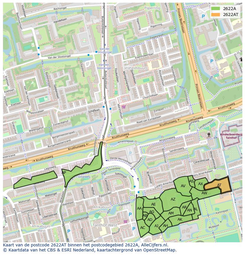 Afbeelding van het postcodegebied 2622 AT op de kaart.