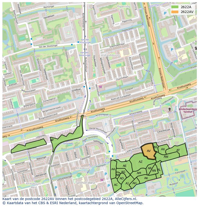Afbeelding van het postcodegebied 2622 AV op de kaart.