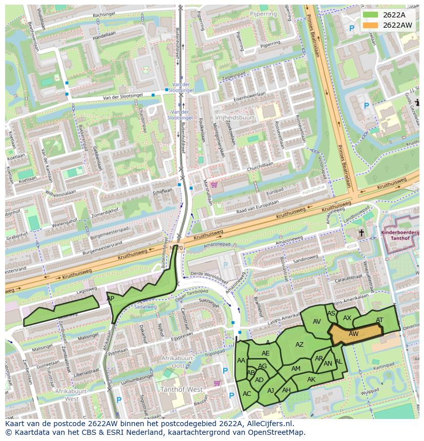 Afbeelding van het postcodegebied 2622 AW op de kaart.