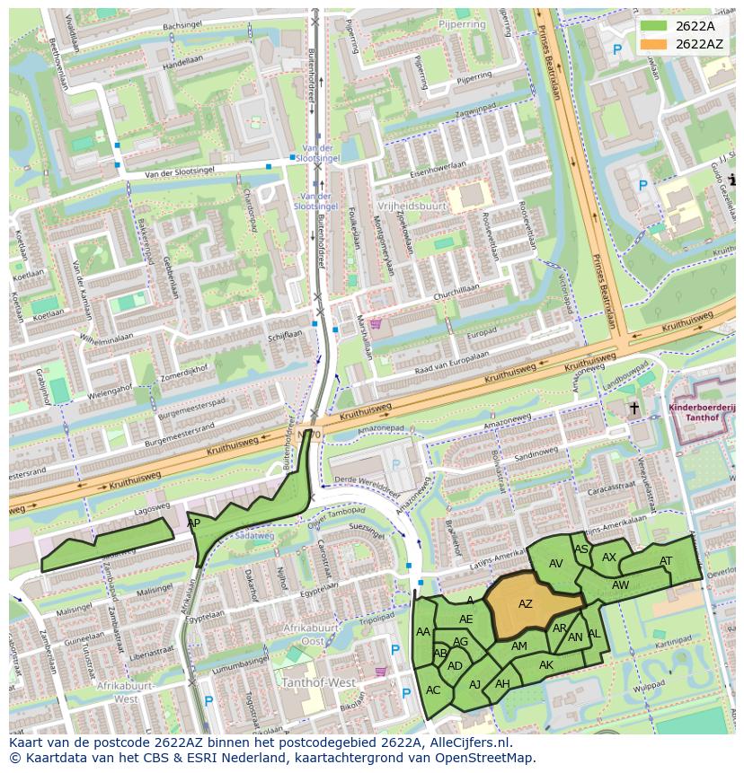 Afbeelding van het postcodegebied 2622 AZ op de kaart.