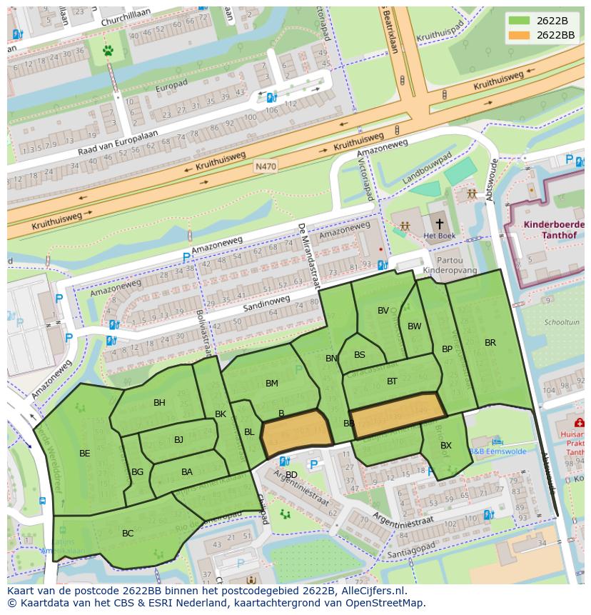 Afbeelding van het postcodegebied 2622 BB op de kaart.