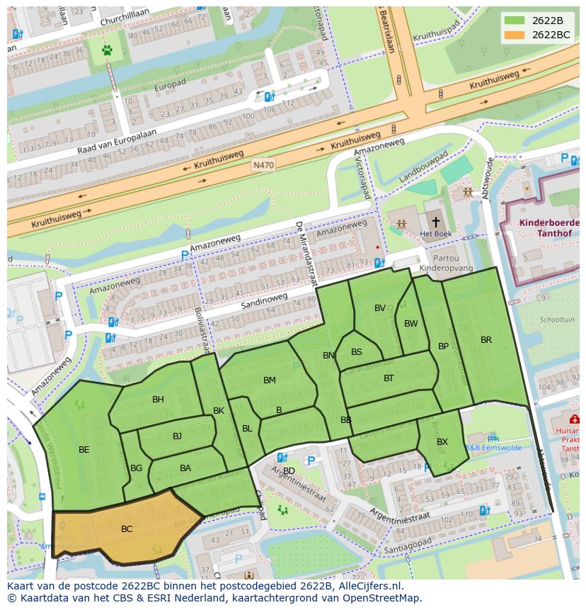 Afbeelding van het postcodegebied 2622 BC op de kaart.