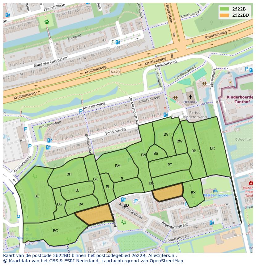 Afbeelding van het postcodegebied 2622 BD op de kaart.
