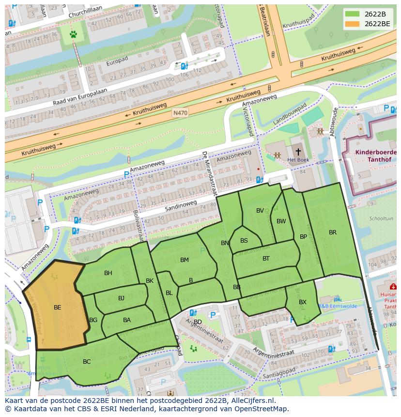 Afbeelding van het postcodegebied 2622 BE op de kaart.