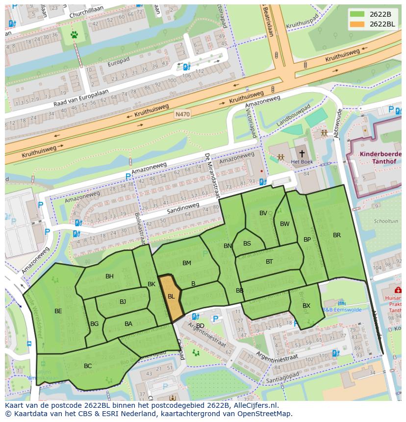 Afbeelding van het postcodegebied 2622 BL op de kaart.