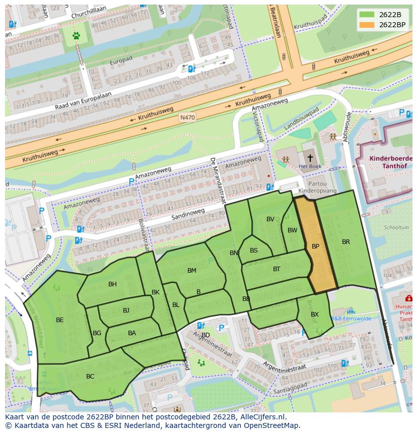 Afbeelding van het postcodegebied 2622 BP op de kaart.