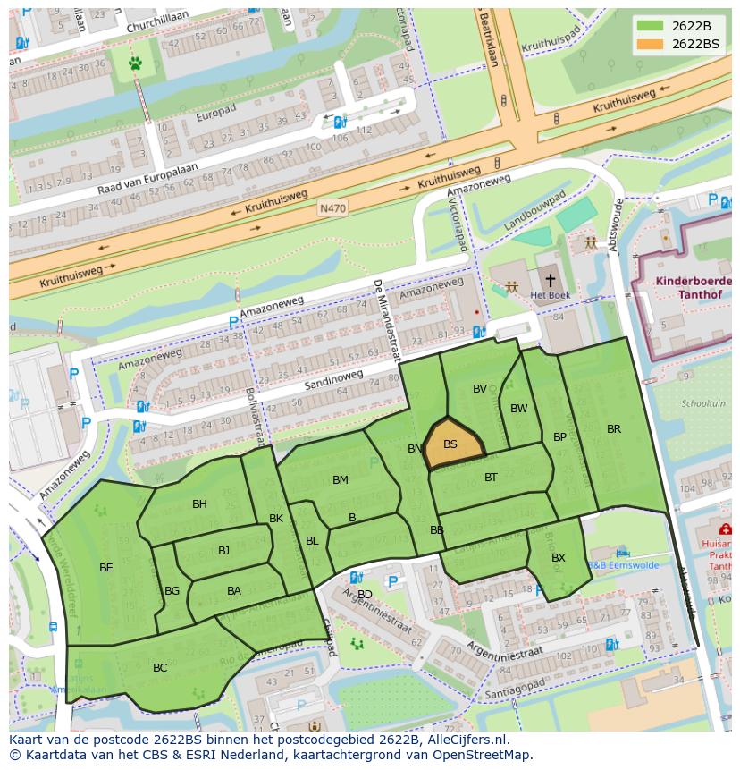 Afbeelding van het postcodegebied 2622 BS op de kaart.
