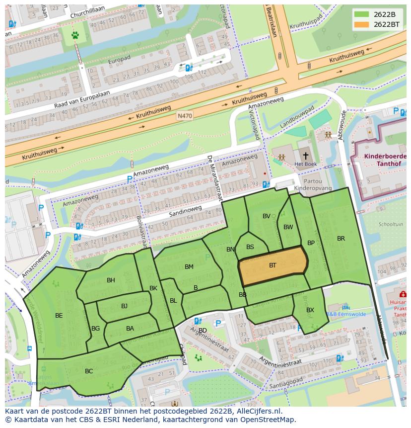Afbeelding van het postcodegebied 2622 BT op de kaart.