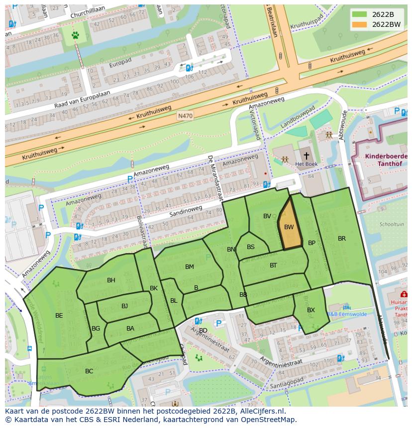 Afbeelding van het postcodegebied 2622 BW op de kaart.