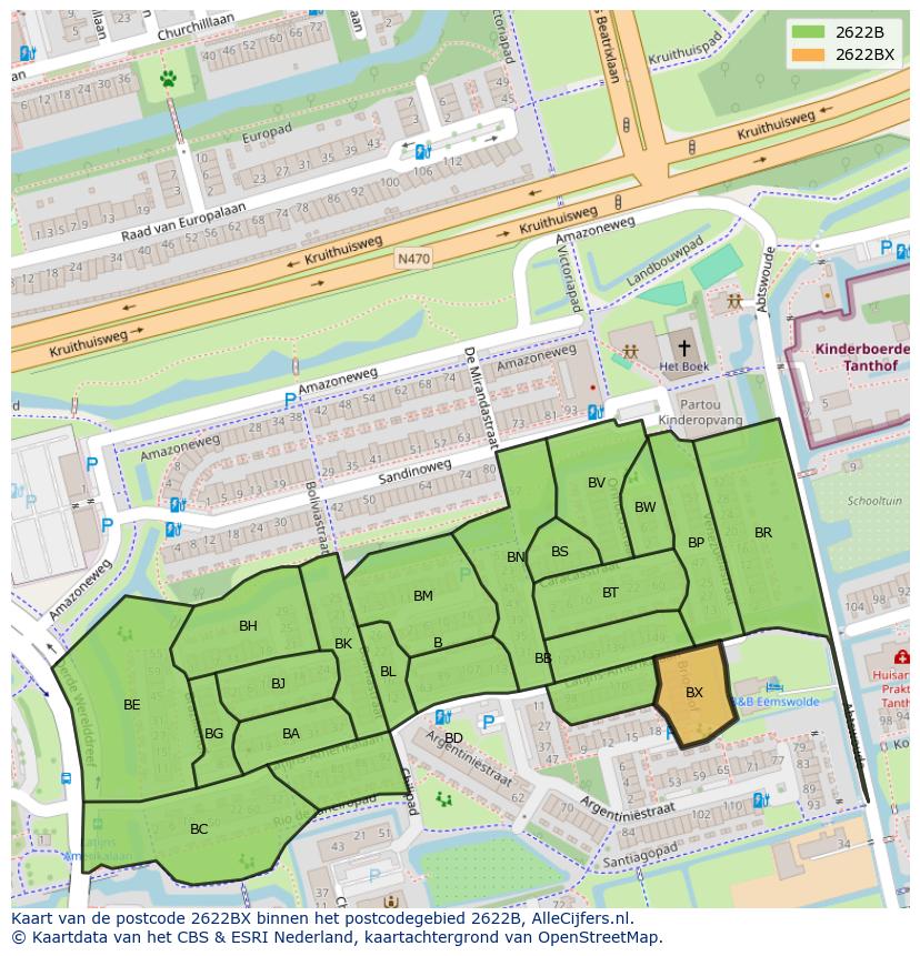 Afbeelding van het postcodegebied 2622 BX op de kaart.