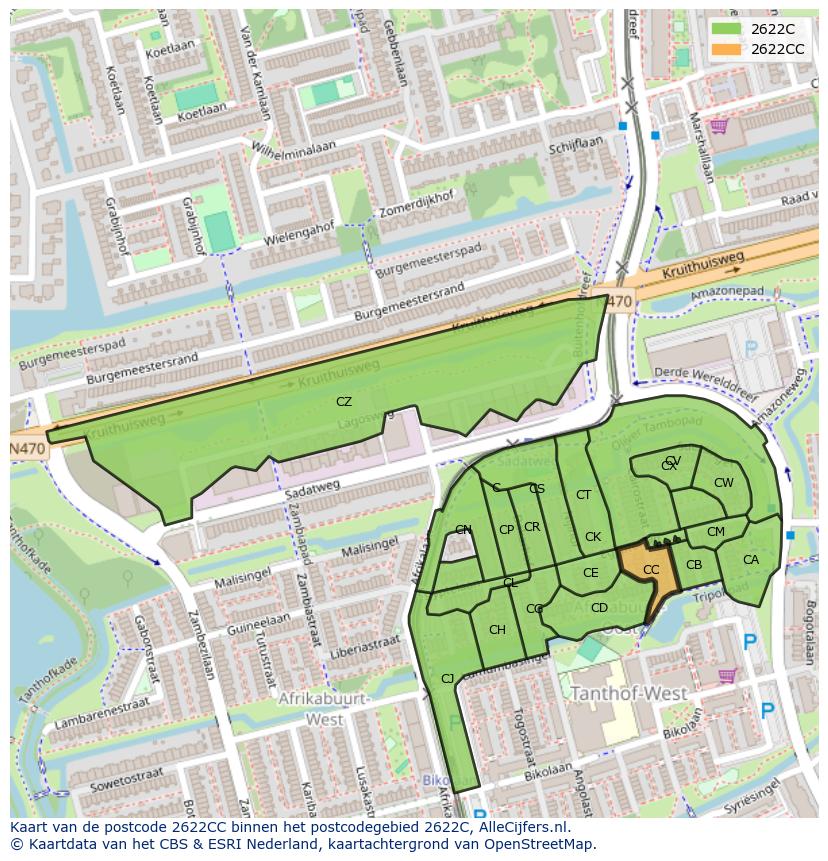 Afbeelding van het postcodegebied 2622 CC op de kaart.