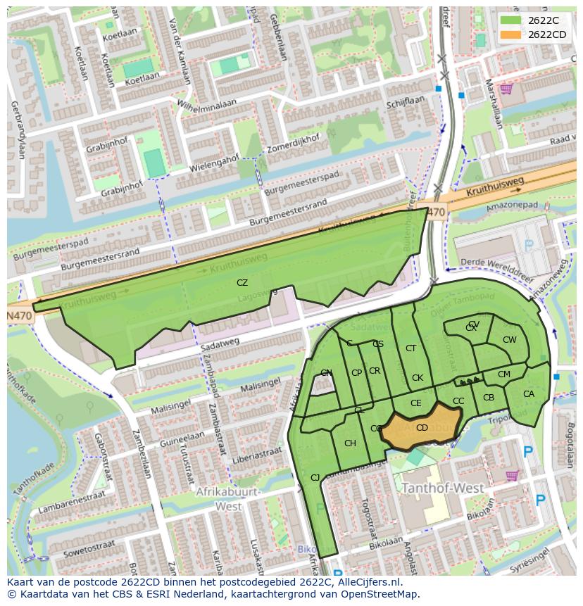 Afbeelding van het postcodegebied 2622 CD op de kaart.