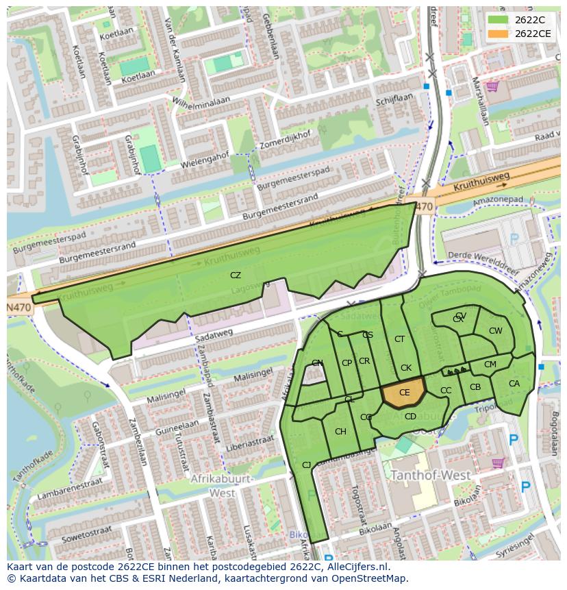 Afbeelding van het postcodegebied 2622 CE op de kaart.