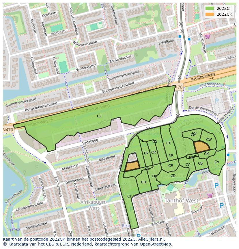 Afbeelding van het postcodegebied 2622 CK op de kaart.