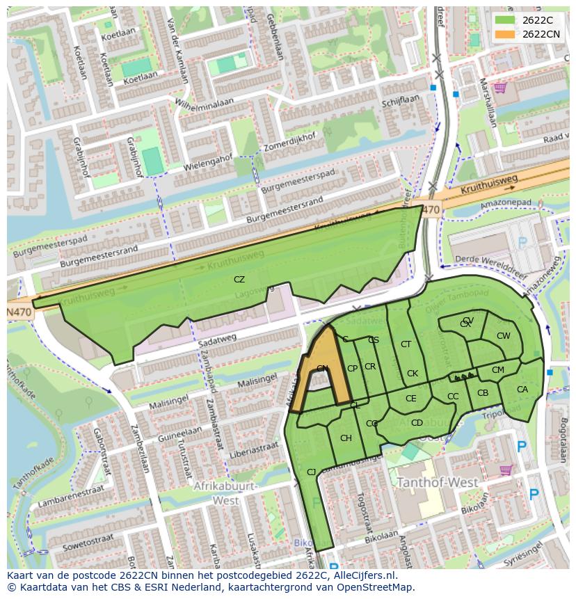 Afbeelding van het postcodegebied 2622 CN op de kaart.