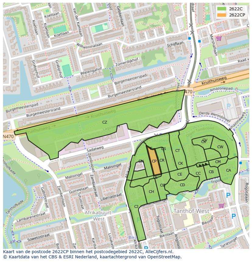 Afbeelding van het postcodegebied 2622 CP op de kaart.