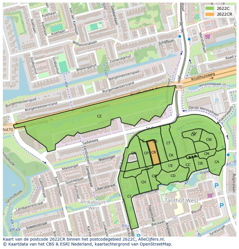 Afbeelding van het postcodegebied 2622 CR op de kaart.