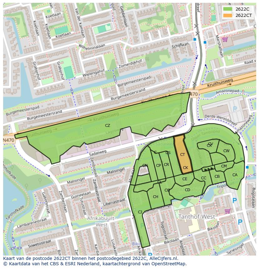 Afbeelding van het postcodegebied 2622 CT op de kaart.